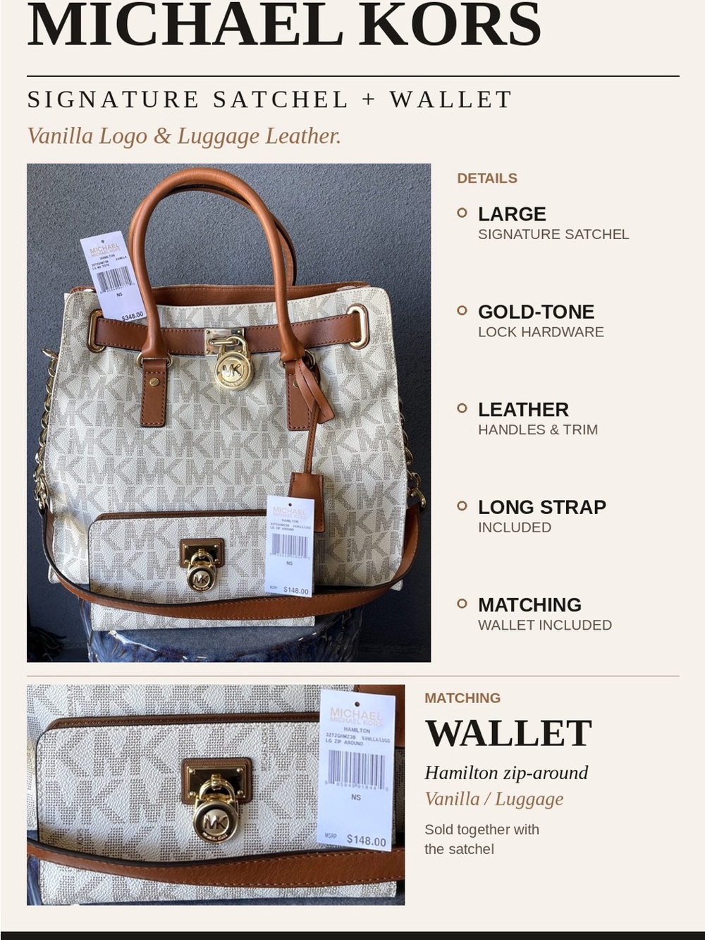 MK Michael Kors Signature Logo Large Satchel w/ Gold Hardware + Matching Wallet